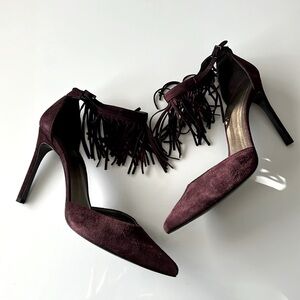 Stuart Weitzman Fringelica Ankle Strap Heels | Size 8.5 | Burgundy Suede